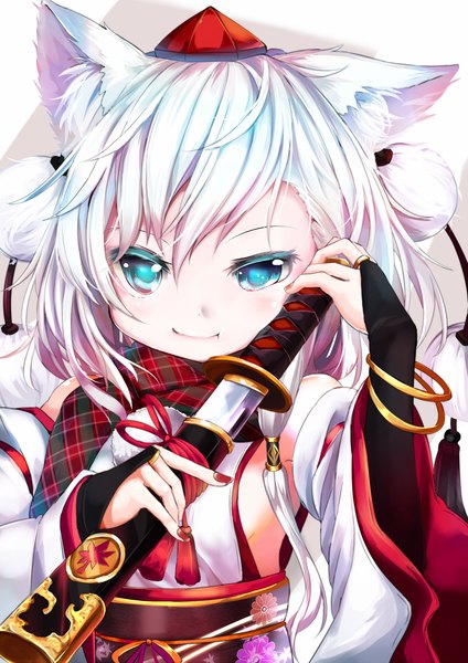 Anime picture 800x1131 with touhou inubashiri momiji umagenzin single long hair tall image looking at viewer animal ears white hair traditional clothes japanese clothes aqua eyes wolf ears girl gloves weapon detached sleeves sword bracelet fingerless gloves