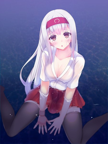 Anime picture 768x1024 with kantai collection shoukaku aircraft carrier okuri banto single long hair tall image blush open mouth light erotic red eyes cleavage white hair girl thighhighs skirt black thighhighs water hairband