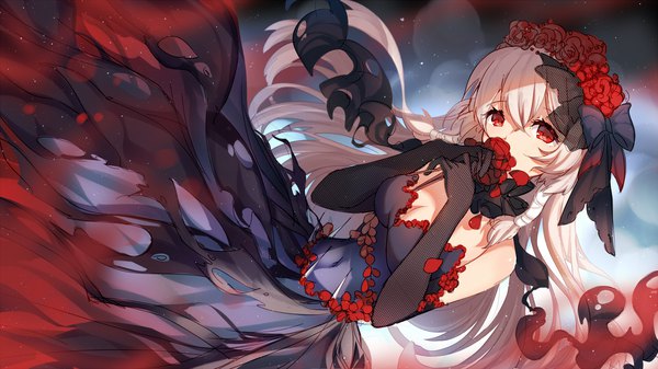 Anime picture 1920x1080 with warship girls r chaser (warship girls r) bison cangshu single long hair looking at viewer fringe highres hair between eyes red eyes wide image bare shoulders cleavage white hair covered mouth girl dress gloves hair ornament flower (flowers)