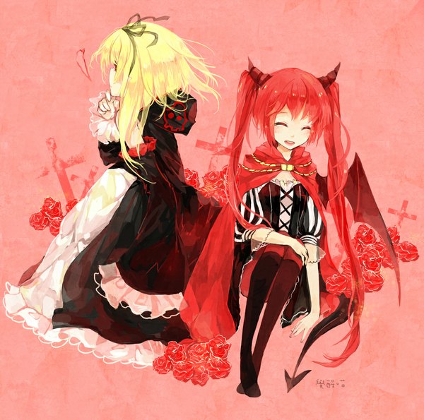 Anime picture 1100x1092 with original pixiv fantasia pixiv fantasia v juexing (moemoe3345) long hair open mouth blonde hair twintails multiple girls red hair tail eyes closed horn (horns) bat wings girl dress 2 girls detached sleeves rose (roses) cross