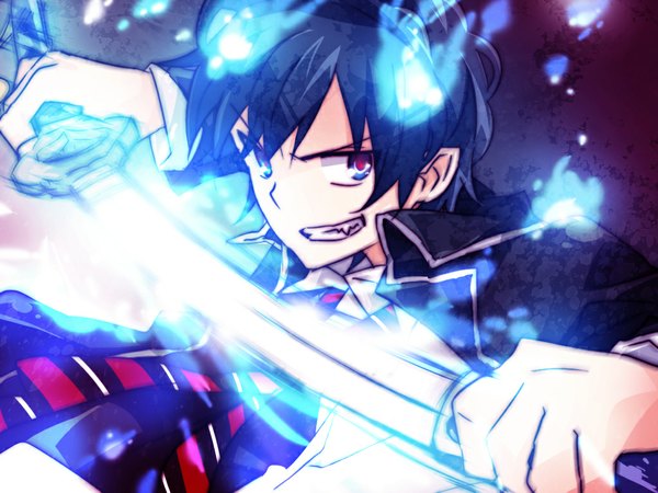 Anime picture 1024x768 with ao no exorcist a-1 pictures okumura rin short hair black hair pointy ears grin glowing multicolored eyes unsheathing boy weapon sword necktie sheath flame