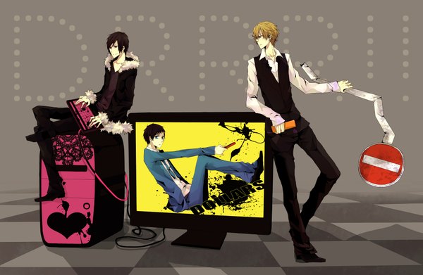 Anime picture 1885x1230 with durarara!! brains base (studio) orihara izaya heiwajima shizuo highres short hair blue eyes black hair blonde hair red eyes yellow eyes group boy weapon necktie suit computer