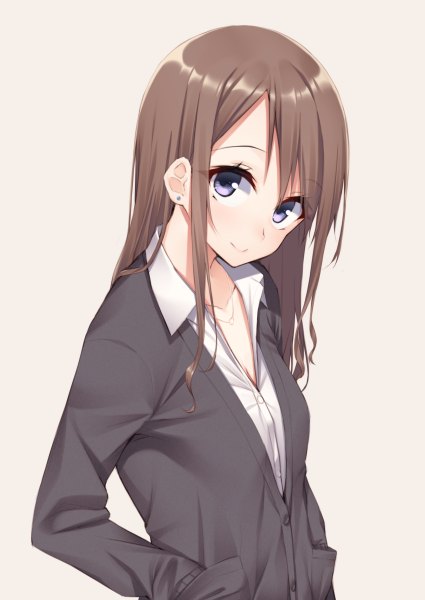 Anime picture 850x1200 with original mikazuchi zeus single long hair tall image looking at viewer fringe blue eyes simple background smile brown hair white background cleavage open collar hands in pockets girl earrings pendant cardigan