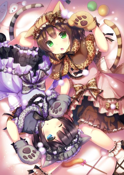 Anime picture 792x1119 with original sakura puchirou tall image looking at viewer blush fringe open mouth black hair brown hair multiple girls green eyes animal ears payot bent knee (knees) tail lying animal tail one eye closed aqua eyes from above