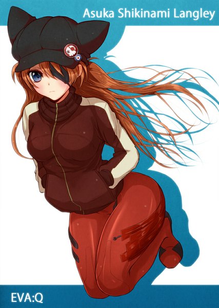 Anime picture 800x1125 with neon genesis evangelion rebuild of evangelion evangelion: 3.0 you can (not) redo gainax soryu asuka langley shikinami asuka langley avy417 single long hair tall image blue eyes brown hair character names hands in pockets knees touching wide hips girl jacket eyepatch cap