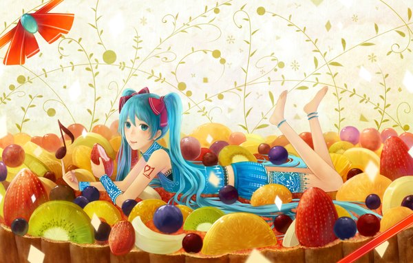 Anime picture 3290x2100 with vocaloid hatsune miku bounin single long hair highres twintails absurdres barefoot aqua eyes aqua hair girl food fruit berry (berries) strawberry orange (fruit) kiwi