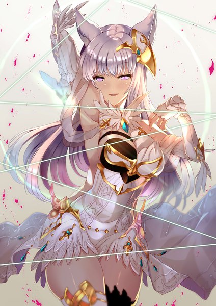 Anime picture 1500x2121 with granblue fantasy korwa (granblue fantasy) xephonia single long hair tall image looking at viewer blush fringe breasts open mouth light erotic simple background smile standing purple eyes animal ears silver hair parted lips arm up