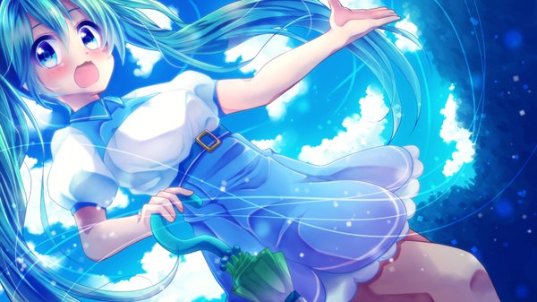 Anime picture 3200x1800 with vocaloid hatsune miku urara (sumairuclover) single long hair looking at viewer blush highres open mouth smile wide image twintails sky aqua eyes aqua hair closed umbrella girl skirt umbrella