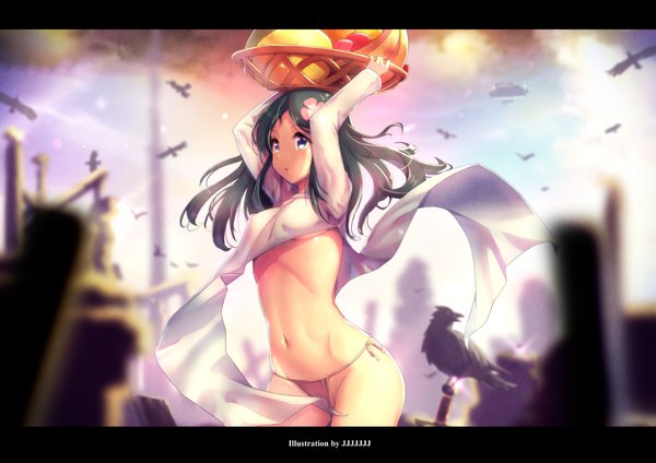 Anime picture 2047x1447 with original jjjjjjj (artist) single long hair highres open mouth blue eyes light erotic black hair standing signed looking away cloud (clouds) long sleeves hair flower blurry arms up bare belly :o depth of field