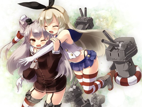 Anime picture 1600x1200 with kantai collection shimakaze destroyer rensouhou-chan amatsukaze destroyer rensouhou-kun gengetsu chihiro long hair blush open mouth blonde hair red eyes bare shoulders multiple girls silver hair eyes closed one eye closed wink two side up hug jumping