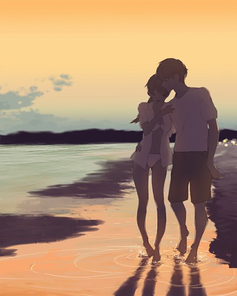 Anime picture 850x1060 with original taxi (owp) long hair tall image short hair smile brown hair ponytail eyes closed barefoot open clothes bare legs bare belly open shirt no shoes hug evening reflection sunset sand