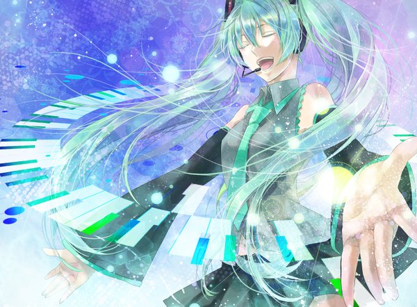 Anime picture 1600x1180 with vocaloid hatsune miku yukiko single long hair fringe open mouth twintails bare shoulders eyes closed wind aqua hair teeth singing girl skirt navel detached sleeves miniskirt necktie