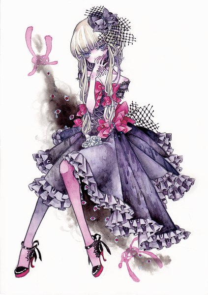 Anime picture 714x1013 with touhou yakumo yukari miri (lycoris-candy) single long hair tall image looking at viewer fringe blonde hair simple background white background purple eyes bare shoulders traditional media eyes watercolor (medium) girl dress hair ornament bow