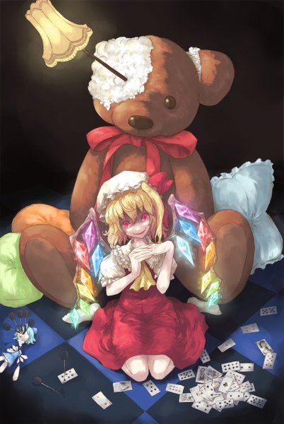 Anime picture 849x1266 with touhou flandre scarlet mumulatte single tall image looking at viewer short hair blonde hair smile red eyes sitting ponytail side ponytail wariza checkered floor crazy smile girl dress ribbon (ribbons) wings