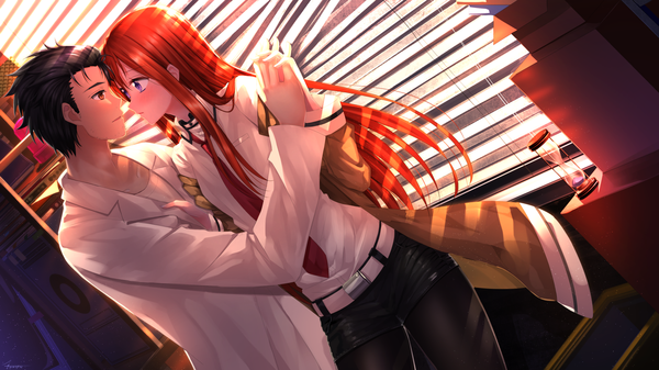 Anime picture 1920x1080 with steins;gate white fox makise kurisu okabe rintarou swordsouls long hair blush highres short hair black hair wide image purple eyes brown eyes red hair open clothes open jacket couple almost kiss girl boy