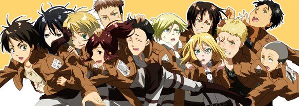 Anime picture 1000x357 with shingeki no kyojin production i.g mikasa ackerman eren yaeger annie leonhart krista lenz armin arlert sasha blouse bertolt hoover ymir (shingeki no kyojin) reiner braun jean kirstein connie springer marco bott mesushirindaa long hair blush short hair blue eyes black hair