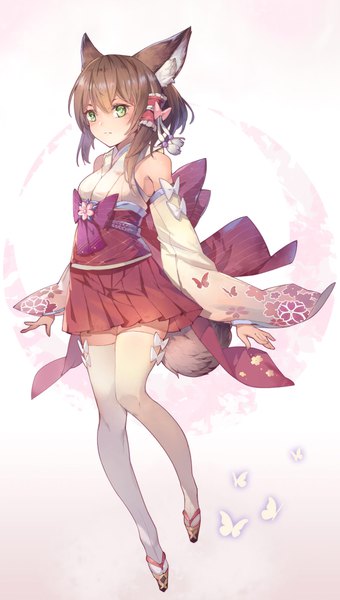 Anime picture 1142x2011 with original samu (a117216) single long hair tall image looking at viewer fringe simple background brown hair standing white background bare shoulders green eyes animal ears full body tail traditional clothes japanese clothes animal tail wide sleeves