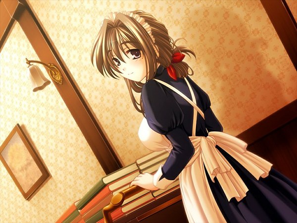 Anime picture 1024x768 with shinju no yakata brown hair brown eyes game cg maid girl