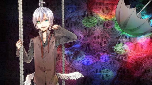 Anime picture 1280x720 with vocaloid utatane piko single short hair wide image standing silver hair ahoge heterochromia angel wings boy umbrella