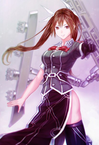 Anime picture 760x1109 with kantai collection tone heavy cruiser mstm single long hair tall image looking at viewer brown hair twintails brown eyes light smile pointing at viewer girl thighhighs skirt gloves ribbon (ribbons) hair ribbon black gloves jacket
