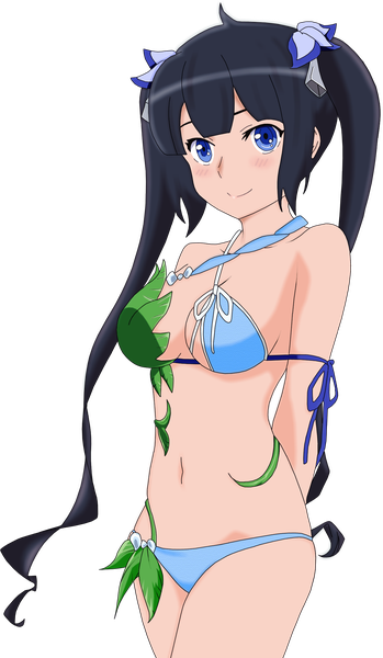 Anime picture 1323x2270 with dungeon ni deai wo motomeru no wa machigatteiru darou ka j.c. staff hestia (danmachi) shugo19 single long hair tall image looking at viewer blush breasts blue eyes light erotic black hair smile twintails hands behind back rei no himo girl ribbon (ribbons) swimsuit