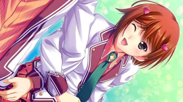 Anime picture 1280x720 with koi mekuri clover amasaka takashi blush short hair open mouth brown hair wide image game cg one eye closed wink black eyes girl uniform school uniform necktie