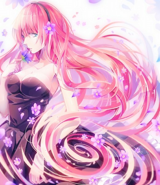 Anime picture 695x800 with vocaloid megurine luka kina (446964) single long hair tall image looking at viewer fringe blue eyes standing bare shoulders pink hair hair flower light dress hair ornament flower (flowers) petals black dress