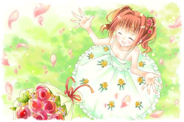 Anime picture 1581x1054 with idolmaster idolmaster cinderella girls takatsuki yayoi mon (artist) single short hair open mouth twintails bare shoulders eyes closed hair flower orange hair girl dress hair ornament petals rose (roses) bouquet