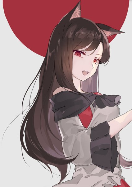 Anime picture 637x900 with touhou imaizumi kagerou hillly (maiwetea) single long hair tall image looking at viewer breasts open mouth simple background smile red eyes brown hair bare shoulders animal ears upper body head tilt grey background wide sleeves teeth