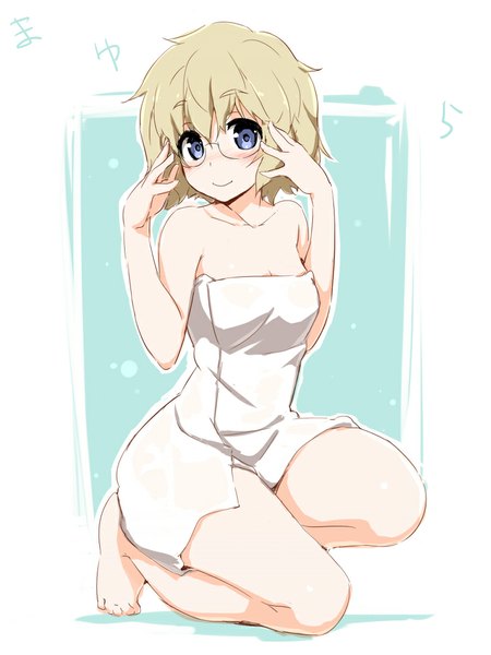 Anime picture 750x1000 with mikakunin de shinkoukei doga kobo momouchi mayura akata itsuki single tall image looking at viewer blush short hair blue eyes light erotic simple background blonde hair smile bare shoulders full body barefoot naked towel girl glasses