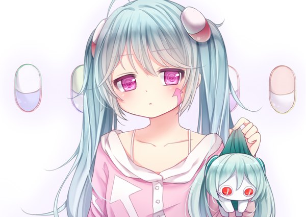 Anime picture 1039x737 with vocaloid hatsune miku nachi single long hair looking at viewer white background purple eyes twintails aqua hair facial mark girl hair ornament doll (dolls) character doll