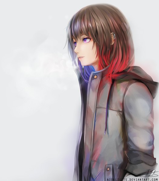 Anime picture 701x800 with original aionlights single tall image fringe short hair brown hair purple eyes looking away purple hair red hair profile multicolored hair light smile grey background open clothes open jacket piercing close-up girl