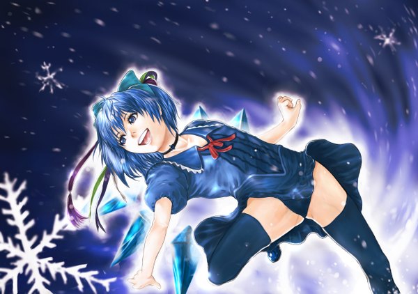 Anime picture 2480x1748 with touhou cirno chopper single highres short hair open mouth blue eyes light erotic blue hair pantyshot snowing winter snow girl thighhighs dress bow hair bow wings