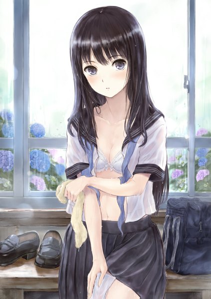 Anime picture 564x800 with original fujita hidetoshi single long hair tall image looking at viewer blush fringe light erotic black hair indoors parted lips pleated skirt black eyes sunlight open clothes bare belly short sleeves wet embarrassed