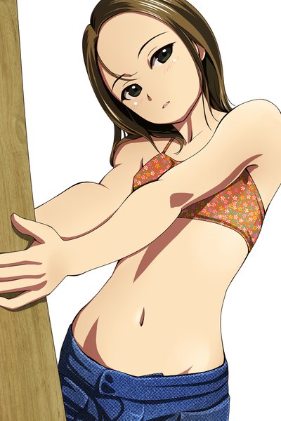 Anime picture 800x1200 with original matsunaga kouyou single long hair tall image looking at viewer blush open mouth simple background brown hair white background black eyes girl navel