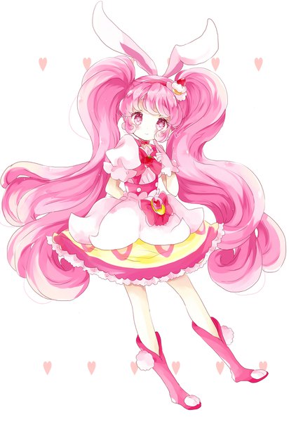 Anime picture 1487x2164 with precure kirakira precure a la mode toei animation usami ichika cure whip tsukiyo (skymint) single tall image looking at viewer fringe simple background white background twintails animal ears pink hair full body very long hair pink eyes bunny ears puffy sleeves