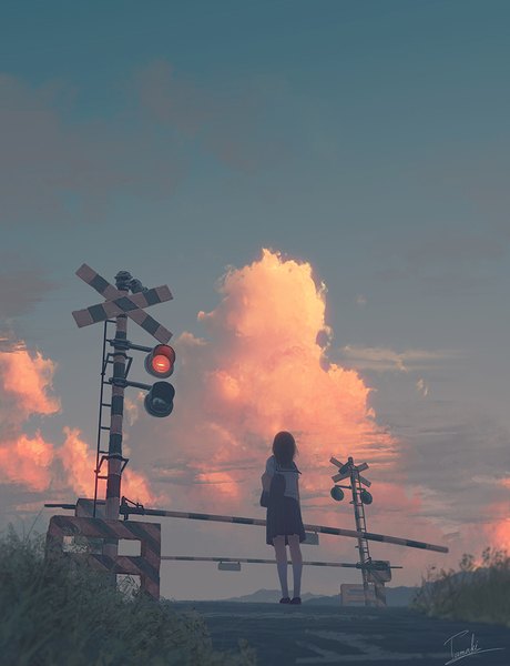 Anime picture 768x1000 with original tamaki (tamaki illust) single tall image short hair black hair standing signed sky cloud (clouds) pleated skirt from behind from below looking up scenic railroad crossing girl skirt uniform plant (plants)