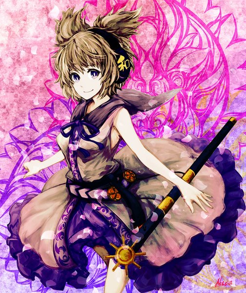 Anime picture 1000x1187 with touhou toyosatomimi no miko akasia single tall image looking at viewer short hair blonde hair smile purple eyes signed girl dress petals sword headphones