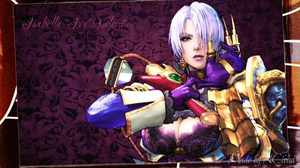 Anime picture 1920x1080 with soulcalibur ivy single fringe highres short hair wide image green eyes white hair hair over one eye inscription wallpaper girl gloves weapon earrings armor collar claws