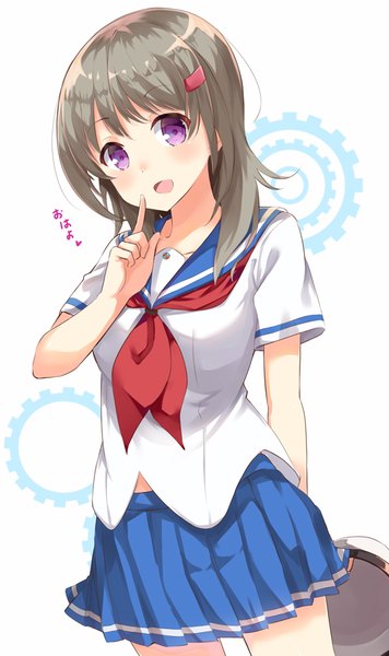 Anime picture 534x900 with high school fleet china moeka sasahara wakaba single long hair tall image looking at viewer blush open mouth simple background brown hair white background purple eyes holding :d text finger to mouth arm behind back girl uniform