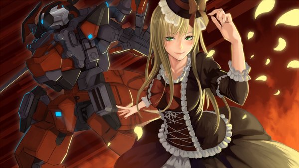 Anime picture 1600x900 with border break (game) tagme (character) damegane single long hair looking at viewer blonde hair wide image green eyes light smile girl dress bow hat petals mecha