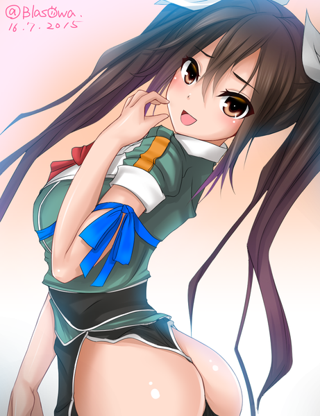Anime picture 1000x1300 with kantai collection tone heavy cruiser blasowa single long hair tall image looking at viewer fringe breasts open mouth light erotic smile brown hair twintails brown eyes ass :d looking back short sleeves no panties