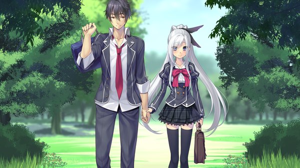 Anime picture 1280x720 with tokeijikake no ley line koga mitsuyoshi mibu tsubaki urabi (tomatohouse) long hair short hair blue eyes black hair wide image brown eyes game cg white hair ponytail couple holding hands girl boy uniform school uniform