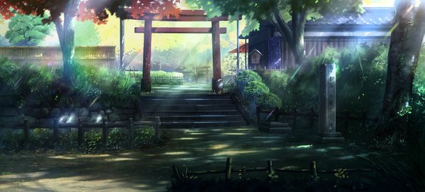 Anime picture 2383x1080 with original niko p highres wide image sunlight no people sunbeam plant (plants) tree (trees) leaf (leaves) grass stairs fence torii japanese house