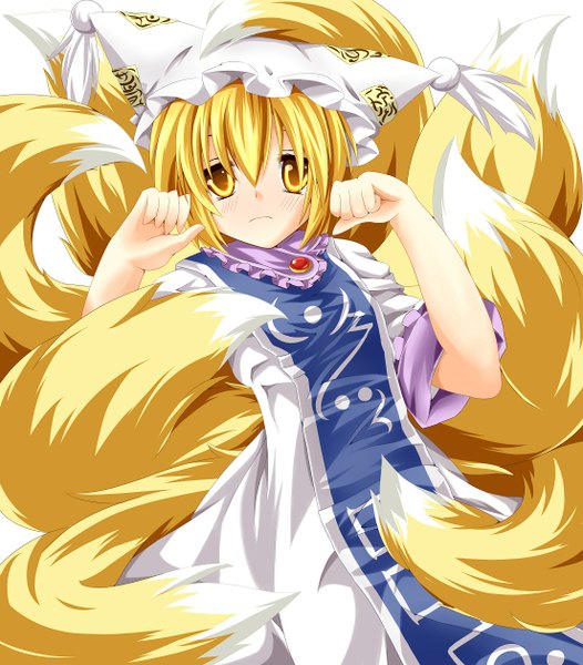 Anime picture 1104x1260 with touhou yakumo ran kmkm9696 single tall image blush short hair blonde hair yellow eyes japanese clothes fox ears fox tail fox girl multiple tails girl bonnet