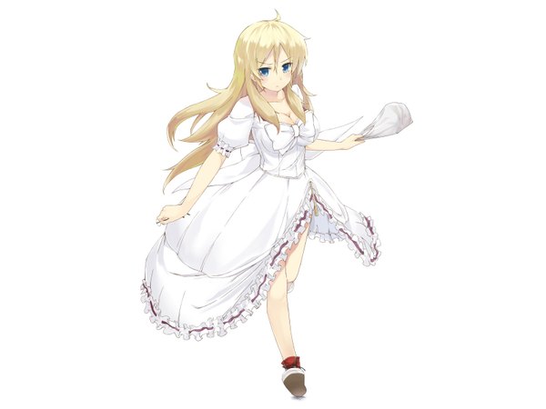 Anime picture 1600x1200 with ben-tou david production shaga ayame single long hair blush blue eyes simple background blonde hair white background girl dress sneakers