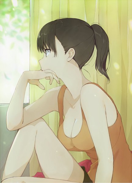 Anime picture 648x897 with original kawai makoto single long hair tall image breasts light erotic brown hair bare shoulders brown eyes cleavage bent knee (knees) ponytail profile hand to mouth hand on face hand on knee girl shorts window