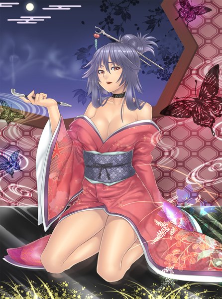 Anime picture 1400x1883 with original houtengeki single tall image highres light erotic bare shoulders brown eyes silver hair japanese clothes smoke smoking girl plant (plants) belt kimono insect butterfly moon