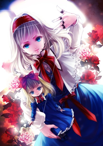 Anime picture 850x1200 with touhou alice margatroid shanghai awa toka single tall image looking at viewer fringe short hair blue eyes blonde hair light smile girl dress flower (flowers) bow hair bow hairband rose (roses) red rose