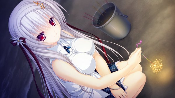 Anime picture 1920x1080 with justy nasty whirlpool (studio) onose mana mikagami mamizu long hair highres light erotic red eyes wide image game cg white hair girl skirt hair ornament ribbon (ribbons) hair ribbon miniskirt shirt